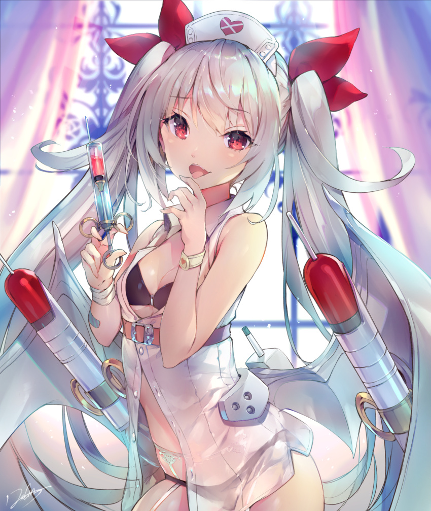1girl :p alternate_costume azur_lane bandage bandaged_arm bandages bangs bare_shoulders bat_wings belt black_bra black_panties blurry blurry_background blush bra breasts cannon chair collarbone cowboy_shot curtains deecha eyebrows_visible_through_hair fang garter_belt garter_straps gluteal_fold hair_between_eyes hair_ornament hair_ribbon hand_up hat highres holding holding_syringe indoors light_particles long_hair looking_at_viewer mechanical_wings medium_breasts nurse nurse_cap open_mouth panties red_eyes red_ribbon ribbon see-through sidelocks signature silver_hair skindentation smile solo syringe thigh-highs thighs tongue tongue_out torpedo turret twintails underwear vampire_(azur_lane) very_long_hair white_legwear wings wristband