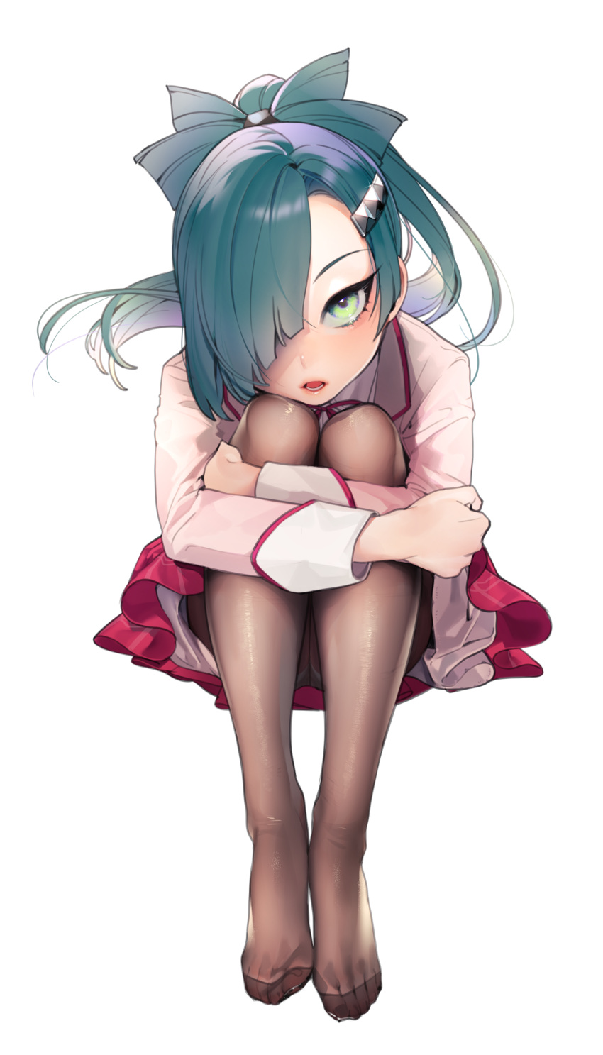 1girl absurdres asian bangs black_legwear blunt_bangs eyelashes eyeliner eyes feet fine_fabric_emphasis forehead full_body green_eyes green_hair hair_over_one_eye half-closed_eye head_tilt highres idol jay_(shining_star) knees_up leaning_forward leg_hug legs_together lips long_hair long_sleeves looking_at_viewer makeup miniskirt multicolored multicolored_eyes no_shoes ohisashiburi open_mouth pantyhose pink_skirt pleated_skirt see-through shining_star simple_background sitting skirt sleeve_cuffs solo toe_scrunch toes white_background