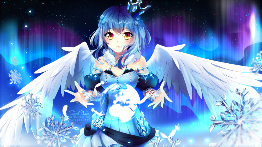 album_cover angel_wings artist_name aurora bare_shoulders blue_dress blue_hair cover crown dress feathers hair_ornament highres ice ice_crystal original phyrnna planet sky snow snowflake_hair_ornament snowflakes squchan star_(sky) starry_sky watermark white_wings wings yellow_eyes