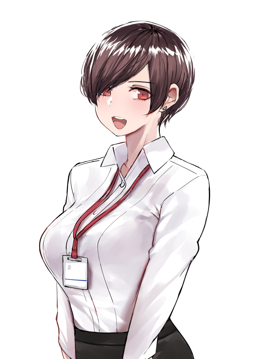 1girl :d arms_at_sides breasts brown_hair earrings highres id_card jewelry lanyard large_breasts norman_maggot office_lady open_mouth pencil_skirt red_eyes shirt short_hair skirt smile solo standing upper_body white_background white_shirt