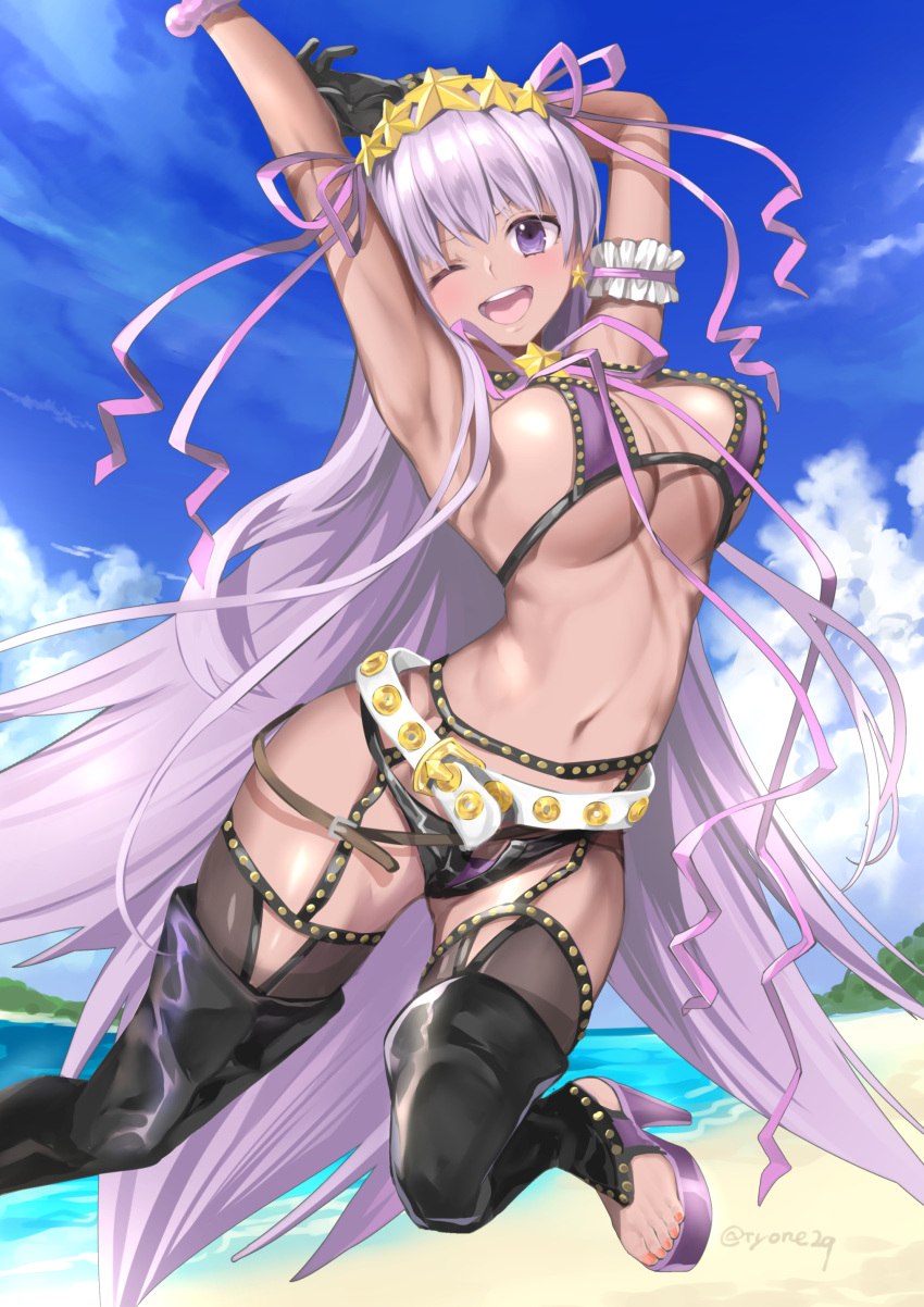 1girl ;d absurdres armpits arms_up bangs bb_(fate)_(all) bb_(swimsuit_mooncancer)_(fate) beach bikini bikini_under_clothes black_gloves black_legwear black_shorts blue_sky blush breasts clouds day eyebrows_visible_through_hair fanbox_reward fate/grand_order fate_(series) gloves gyaru hair_between_eyes hair_ornament hair_ribbon head_tilt high_heels highres horizon jumping large_breasts leggings long_hair looking_at_viewer micro_shorts nail_polish navel ocean one_eye_closed open_mouth outdoors paid_reward pink_ribbon purple_bikini purple_footwear purple_hair red_nails ribbon round_teeth sand sandals shorts sky smile solo star star_hair_ornament swimsuit teeth toenail_polish toenails twitter_username tyone upper_teeth very_long_hair violet_eyes water