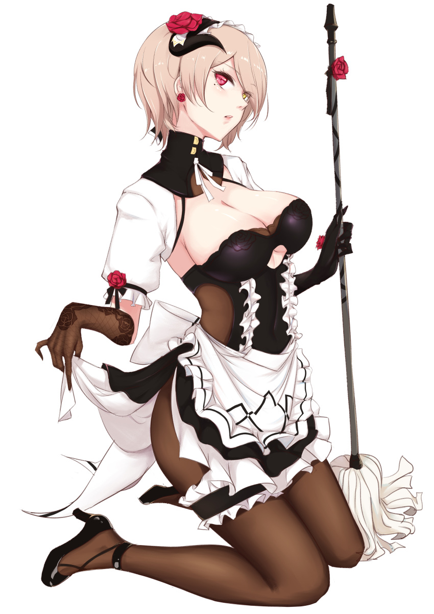 1girl absurdres black_gloves breasts brown_gloves brown_legwear cleavage detached_sleeves dress dress_lift flower frills gloves hair_over_one_eye heterochromia highres holding_mop honkai_impact horns kneeling large_breasts lifted_by_self looking_at_viewer maid maid_headdress mole mole_under_eye open_mouth pantyhose puffy_short_sleeves puffy_sleeves red_eyes red_flower red_rose rita_rossweisse rose rose_earrings short_hair short_sleeves simple_background smile solo underboob_cutout white_background wo_cai_bushi_zhushou yellow_eyes