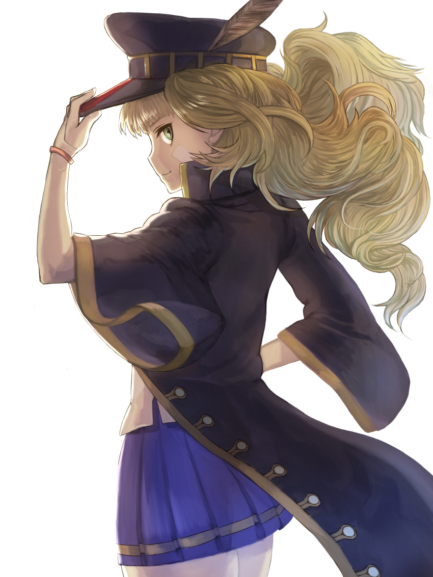 1girl absurdres black_hat blonde_hair blue_skirt closed_mouth from_side granblue_fantasy green_eyes hand_on_headwear hat hat_feather highres long_hair looking_at_viewer monica_weisswind okitsune_(kitsunegako) peaked_cap pleated_skirt profile skirt smile solo twintails white_background white_legwear