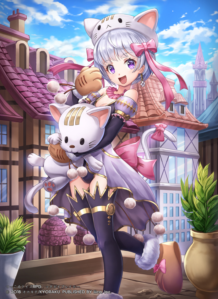 1girl animal_ears animal_hat bare_shoulders black_legwear blue_sky bow breasts cat cat_ears cat_hat cat_tail chimney city company_name dated day detached_sleeves earrings flower_earrings gloves hat highres holding holding_cat house jewelry looking_at_viewer lunacle machigai_breaker official_art outdoors paw_boots paw_gloves paws pink_bow plant potted_plant rooftop silver_hair sky small_breasts standing standing_on_one_leg tail tail_bow violet_eyes watermark
