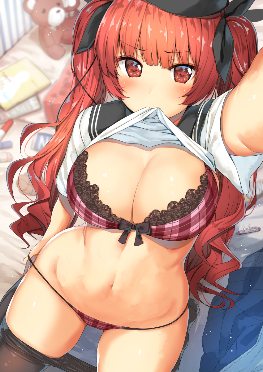 1girl absurdres arm_at_side arm_up azur_lane bangs bed_sheet beret black_bow black_hat black_legwear black_ribbon black_sailor_collar blue_skirt blush body_mahattaya_ginga bow bow_bra bra breasts cleavage closed_mouth eyebrows_visible_through_hair fanbox_reward from_above groin hair_bow hair_ornament hair_ribbon hairclip hat highres honolulu_(azur_lane) indoors lace lace-trimmed_bra lace_trim large_breasts long_hair looking_at_viewer mouth_hold navel notebook on_bed outstretched_arm paid_reward panties pantyhose pantyhose_pull plaid plaid_bra plaid_panties pleated_skirt pulled_by_self purple_bra purple_panties reaching_out red_eyes redhead ribbon sailor_collar school_uniform self_shot serafuku shiny shiny_skin shirt_lift short_sleeves sidelocks skirt skirt_removed solo stomach string string_panties stuffed_animal stuffed_toy taking_picture teddy_bear thighs tsurime twintails underwear undressing wavy_hair