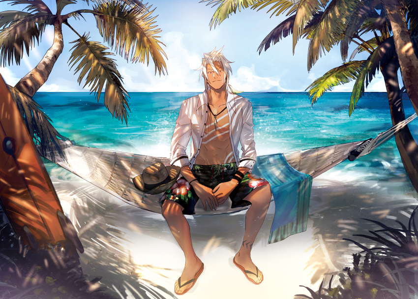 1boy beach black_shorts collarbone collared_shirt dark_skin day dress_shirt floral_print hair_between_eyes hammock hat hat_removed headwear_removed highres jewelry looking_at_viewer male_focus male_swimwear necklace ocean open_clothes open_shirt outdoors palm_tree shirt shorts silver_hair smile solo swimwear tales_of_(series) tales_of_zestiria tree white_shirt wing_collar yarr zaveid_(tales)