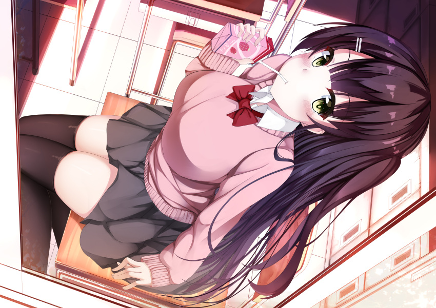 1girl absurdres black_legwear black_skirt blush bow breasts brown_hair chair desk drinking drinking_straw from_above green_eyes hair_ornament hairclip highres hiragi_ringo indoors juice_box large_breasts long_hair looking_up original pink_sweater red_bow red_neckwear school_desk school_uniform sitting skirt solo sweater thigh-highs