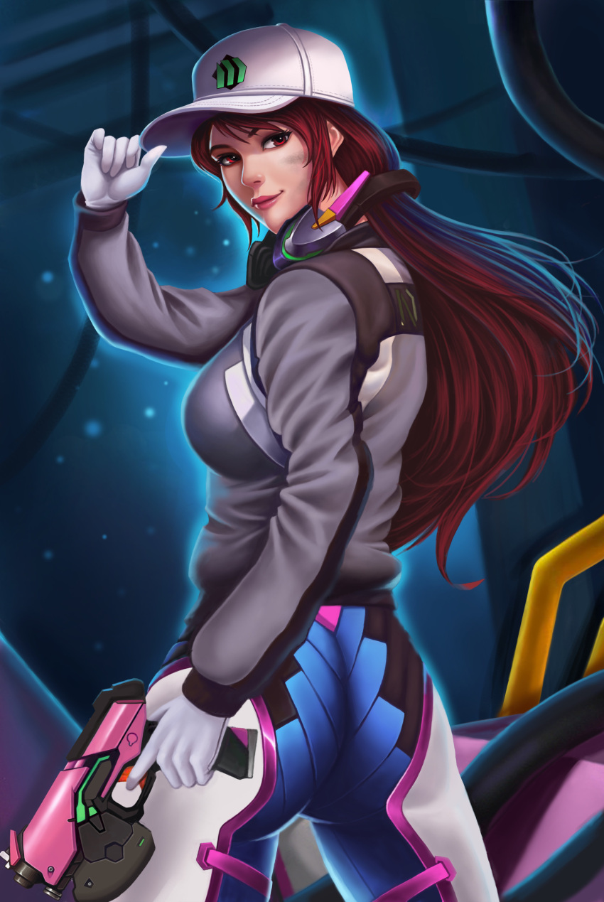 1girl absurdres alternate_costume ass baseball_cap bodysuit brown_eyes brown_hair cowboy_shot d.va_(overwatch) dirty_face eyelashes flat_ass from_behind gun hangar hat headphones headphones_around_neck highres holding holding_gun holding_weapon jason8818024 lips long_hair looking_back nose overwatch ribbed_bodysuit shooting_star_d.va skin_tight solo trigger_discipline weapon