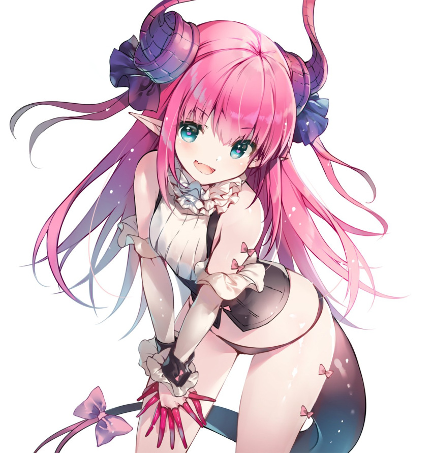 1girl black_pants blue_eyes bow dragon_tail elizabeth_bathory_(fate) elizabeth_bathory_(fate)_(all) eyebrows_visible_through_hair fate/grand_order fate_(series) floating_hair hair_ornament heart heart-shaped_pupils highres horns leaning_forward long_hair looking_at_viewer miwabe_sakura pants pink_bow pink_hair pointy_ears simple_background sleeveless solo standing symbol-shaped_pupils tail tail_bow very_long_hair white_background wrist_cuffs