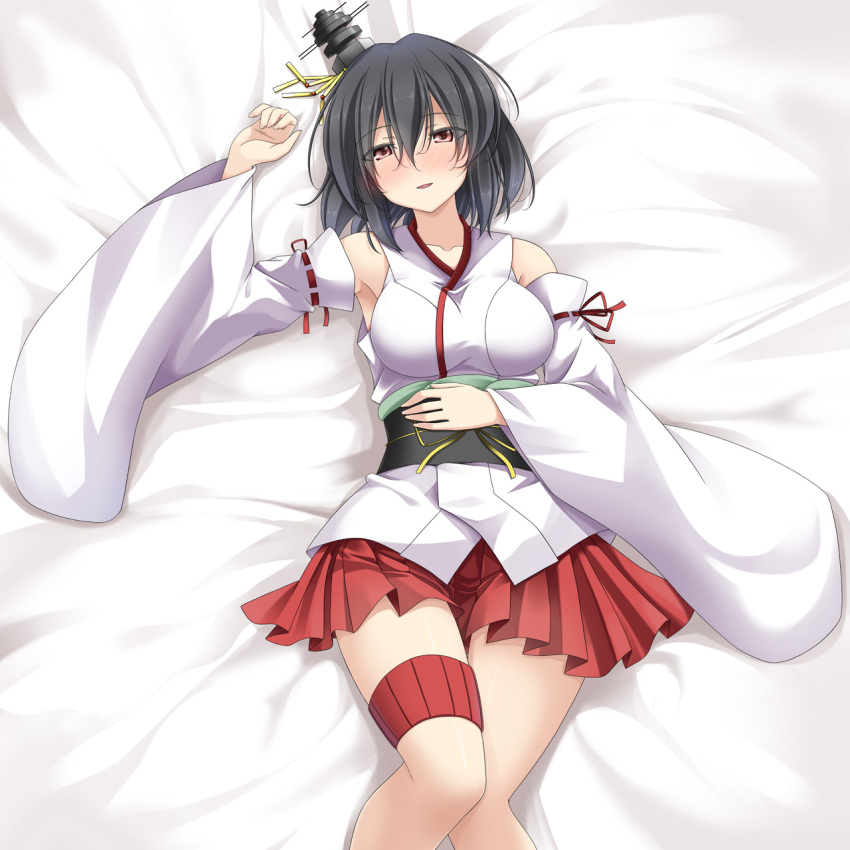 1girl bed_sheet black_hair blanket blush breasts collarbone detached_sleeves eyebrows_visible_through_hair from_above graphite_(medium) hair_between_eyes hair_ornament headgear highres japanese_clothes kantai_collection kimono looking_at_viewer lying mechanical_pencil medium_breasts no_shoes nontraditional_miko obi open_mouth pencil rappa_(rappaya) red_eyes red_skirt sash short_hair skirt solo traditional_media white_kimono wide_sleeves yamashiro_(kantai_collection)