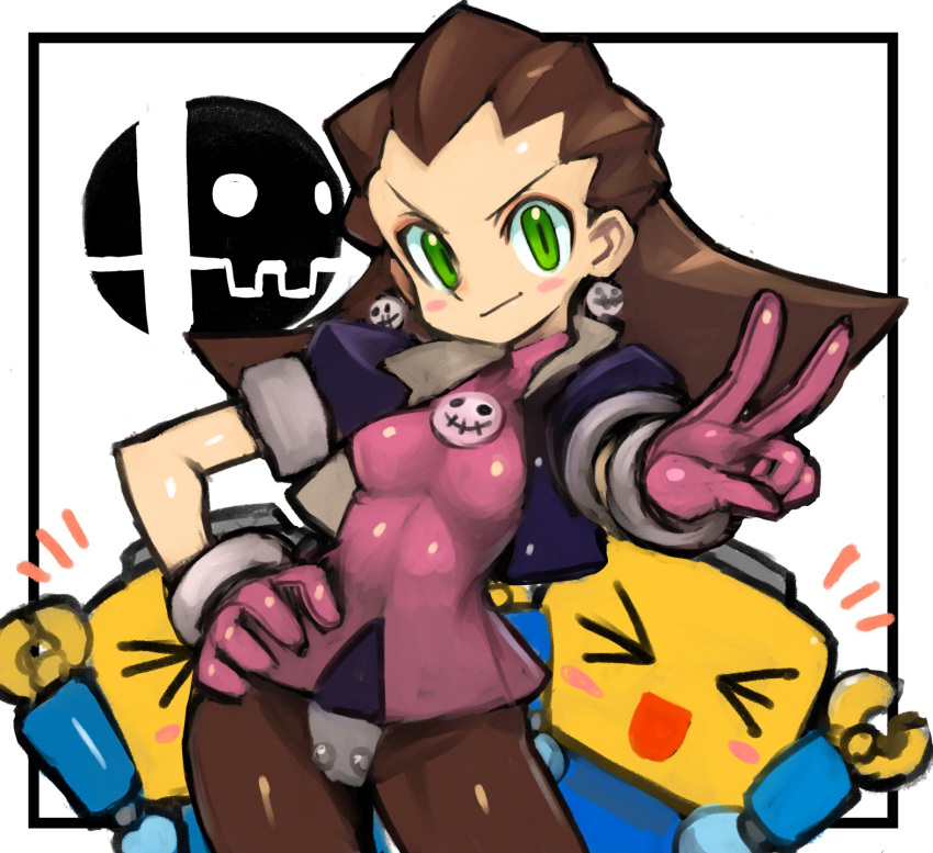 1girl blush breasts brown_hair commentary_request cowboy_shot cropped_jacket crotch_plate dakusuta earrings eyeshadow gloves green_eyes hair_pulled_back hair_slicked_back hand_on_hip highres jewelry kobun logo makeup medium_breasts nintendo pantyhose puffy_short_sleeves puffy_sleeves robot rockman rockman_dash shiny shiny_clothes short_sleeves simple_background smile solo_focus super_smash_bros. tron_bonne v white_background