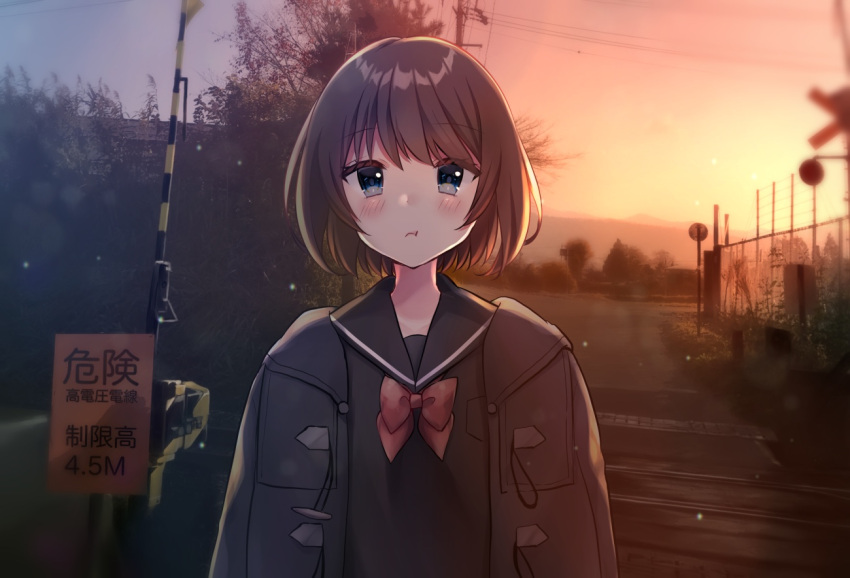 1girl :t arms_at_sides bangs black_jacket black_sailor_collar black_shirt blue_eyes blush bow bowtie brown_hair closed_mouth commentary_request eyebrows_visible_through_hair hair_between_eyes jacket looking_at_viewer minami_saki open_clothes open_jacket original outdoors pout red_neckwear sailor_collar school_uniform serafuku shirt short_hair sign sky solo standing sunset translated upper_body