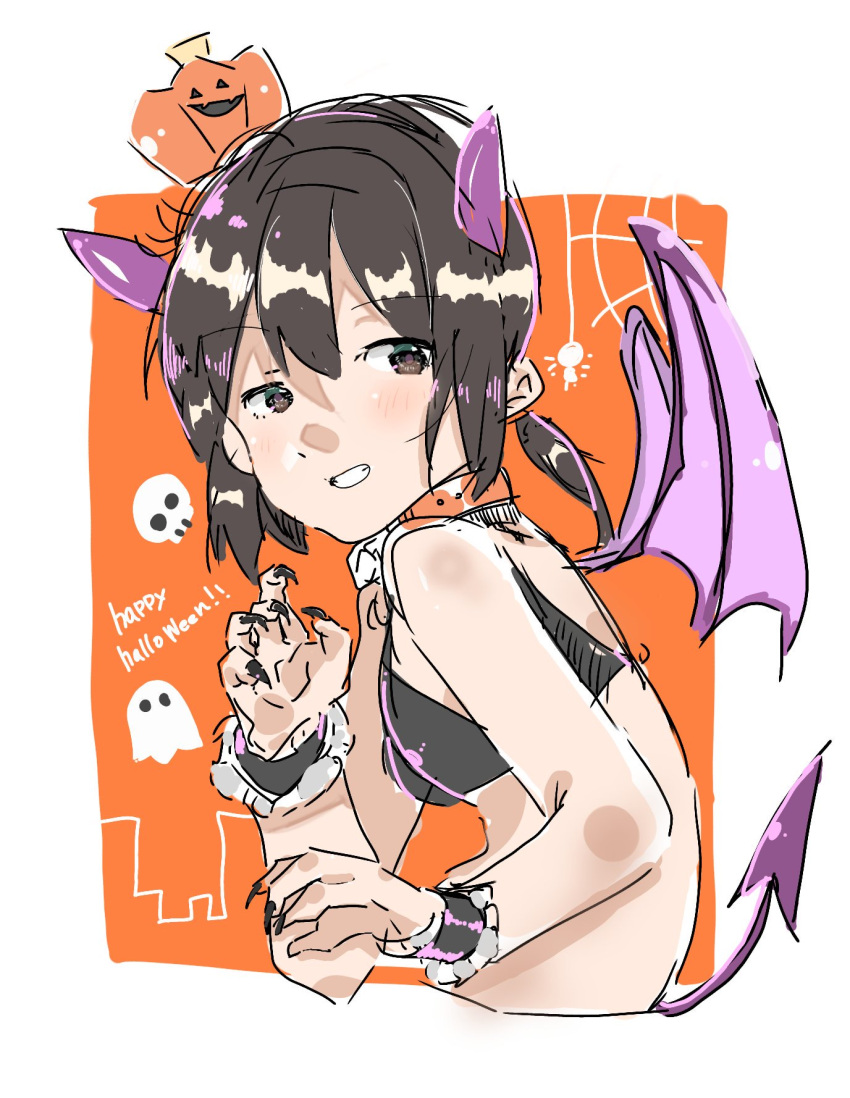 1girl bikini_top brown_eyes brown_hair claws collar costume demon_horns demon_tail demon_wings fubuki_(kantai_collection) ghost grin hair_between_eyes halloween highres horns jack-o'-lantern kantai_collection ponytail pumpkin shakenamahamu sidelocks skull smile tail wings wrist_cuffs