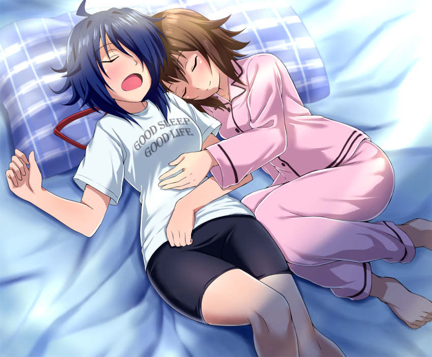 2girls bike_shorts black_hair black_shorts blush brown_hair closed_eyes closed_mouth furutaka_(kantai_collection) hair_over_one_eye hair_ribbon kako_(kantai_collection) kantai_collection long_hair long_sleeves lying lying_on_bed messy_hair multiple_girls open_mouth pillow red_ribbon ribbon shirt short_hair shorts sleeping sleepwear white_shirt zanntetu