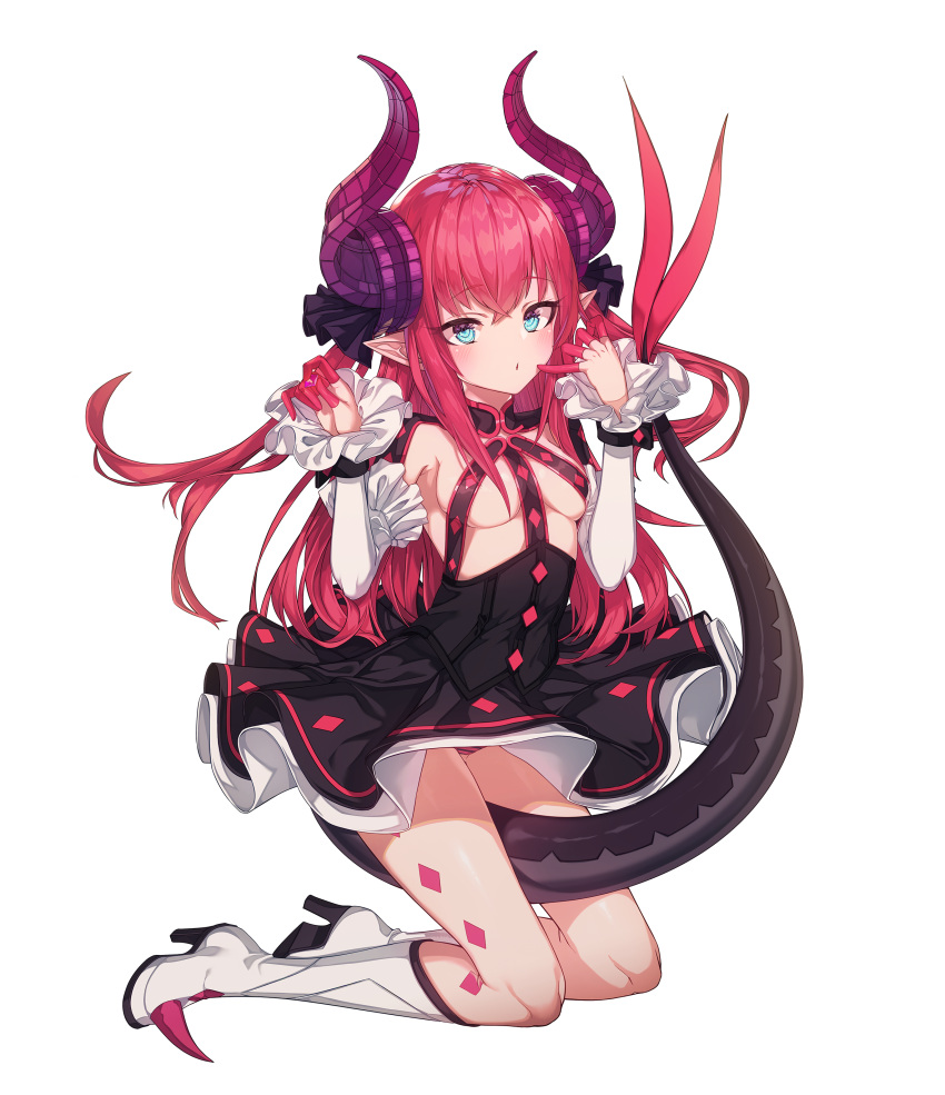 1girl absurdres arms_up between_legs black_dress blue_eyes boots breasts curled_horns dragon_girl dragon_horns dragon_tail dress elizabeth_bathory_(fate) elizabeth_bathory_(fate)_(all) fate/grand_order fate_(series) finger_to_mouth hand_to_own_mouth highres horns knee_boots kneeling kw00789 long_hair panties panty_peek pointy_ears red_panties redhead short_dress simple_background small_breasts solo tail tail_between_legs underwear white_background white_footwear wind wind_lift
