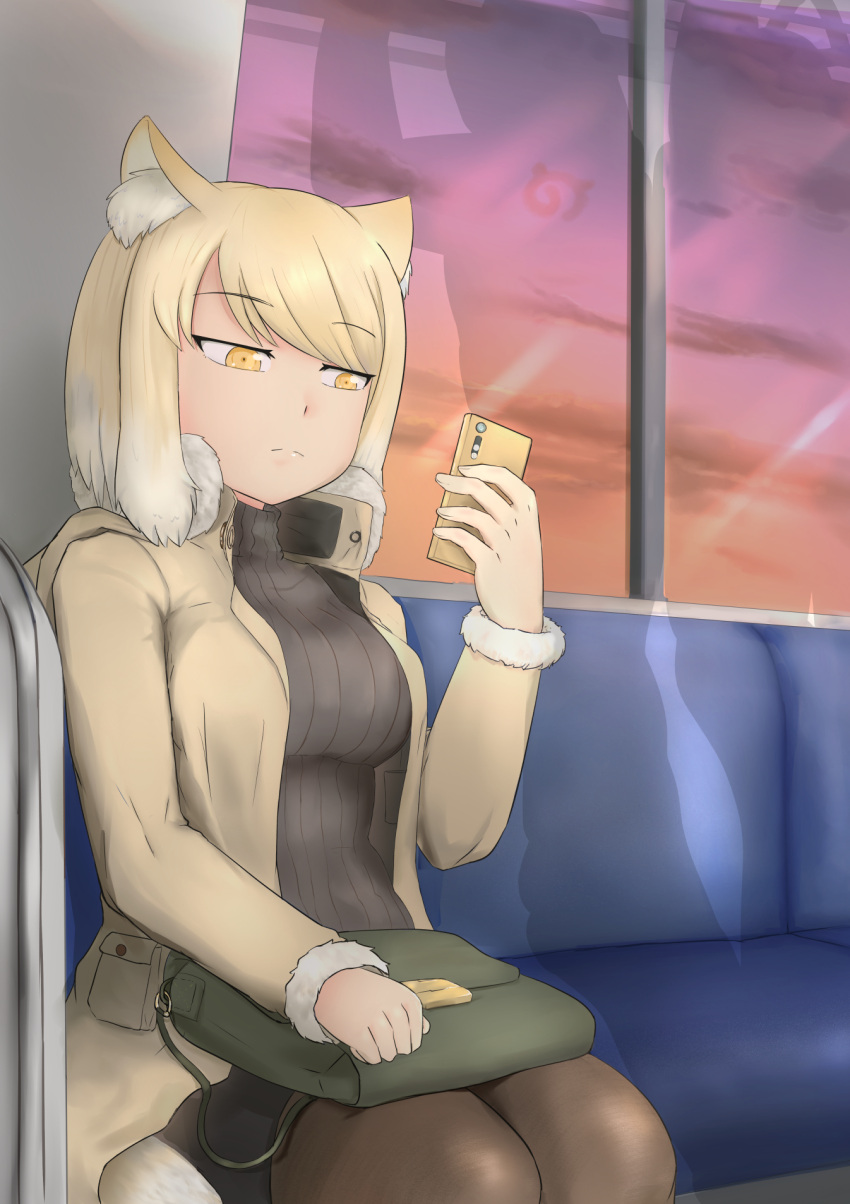 1girl alternate_costume animal_ears arm_rest bag bangs blonde_hair cellphone closed_mouth coat collared_coat contemporary expressionless eyebrows_visible_through_hair fox_ears fox_tail fur-trimmed_sleeves fur_collar fur_trim hand_up high_collar highres holding holding_phone japari_symbol john_(a2556349) kemono_friends long_sleeves medium_hair multicolored_hair open_clothes open_coat orange_eyes pantyhose phone pocket ribbed_sweater ringed_eyes shadow sitting skirt sky smartphone solo sweater swept_bangs tail tibetan_sand_fox_(kemono_friends) train_interior tsurime turtleneck turtleneck_sweater twilight two-tone_hair white_hair window