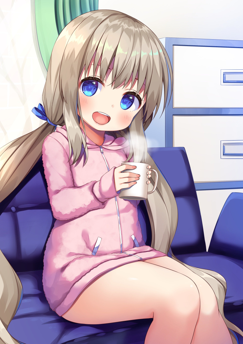 1girl :d absurdres asa_no_ha blue_eyes blue_ribbon blush commentary_request couch cup curtains drawer grey_hair hair_ribbon head_tilt highres holding holding_cup hood hood_down indoors jacket long_hair long_sleeves looking_at_viewer low_twintails mug on_couch open_mouth original pink_jacket ribbon sitting smile solo steam tareme thighs twintails upper_teeth very_long_hair wavy_hair zipper_pull_tab