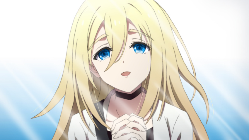 1girl amou_yuu bangs blonde_hair blue_eyes collarbone hair_between_eyes hands_clasped hands_up jacket long_hair open_clothes open_jacket own_hands_together rachel_gardner satsuriku_no_tenshi solo