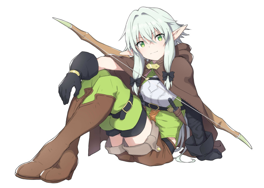 2girls black_bow boots bow cloak elf full_body goblin_slayer! green_eyes green_hair hair_bow high_elf_archer_(goblin_slayer!) highres hood hooded_cloak laika_(sputnik2nd) long_hair multiple_girls pointy_ears shorts sidelocks simple_background smile white_background