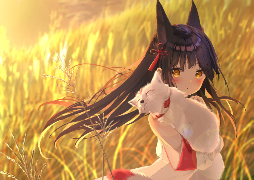1girl absurdres animal animal_ears azur_lane bangs bare_shoulders blurry blurry_background blush brown_eyes brown_hair closed_mouth commentary_request daitai_sotogawa_(futomomo) depth_of_field detached_sleeves eyebrows_visible_through_hair field fox fox_ears hair_ornament hand_up highres long_hair looking_at_viewer looking_to_the_side nagato_(azur_lane) outdoors solo sunset tassel very_long_hair white_sleeves