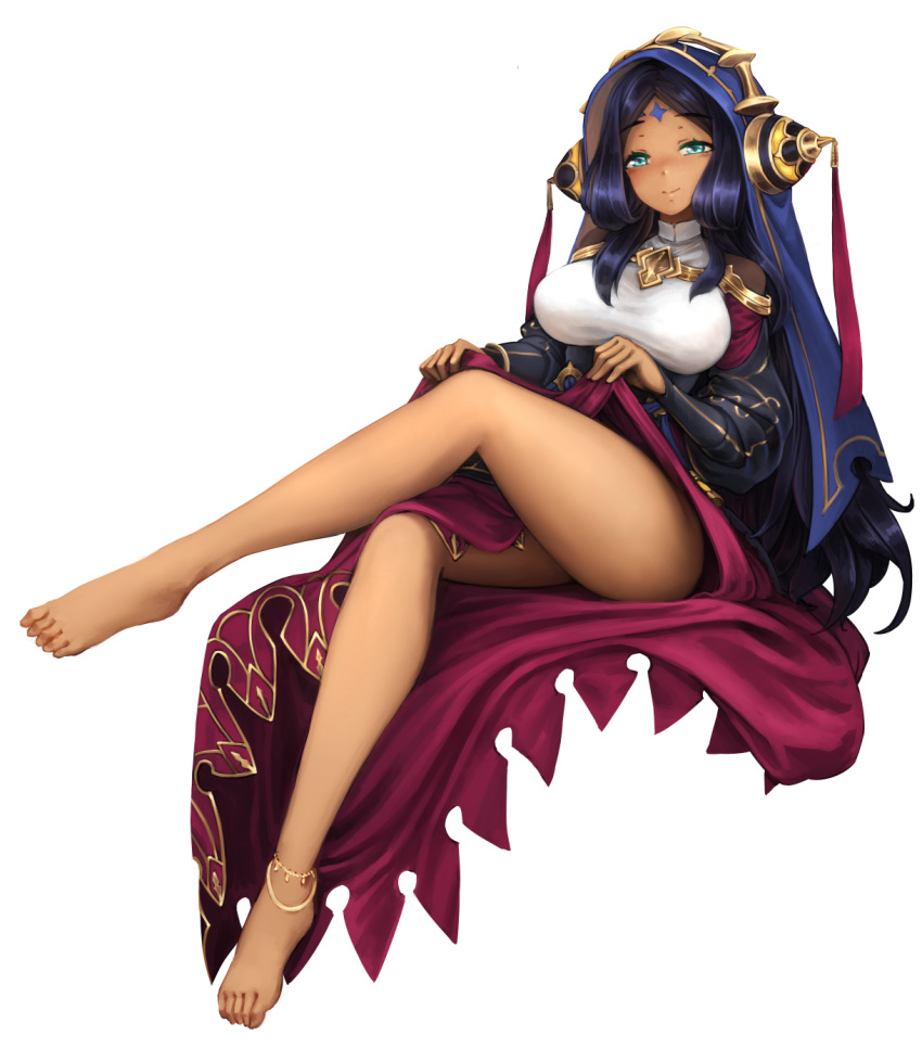 1girl anklet aqua_eyes barbariank barefoot black_hair commentary dark_skin dragalia_lost dress english_commentary eyebrows_visible_through_hair facial_mark feet forehead_mark full_body headgear highres hood jewelry juliet_sleeves legs lifted_by_self long_hair long_sleeves puffy_sleeves sitting smile solo taut_clothes thighs transparent_background verica very_long_hair