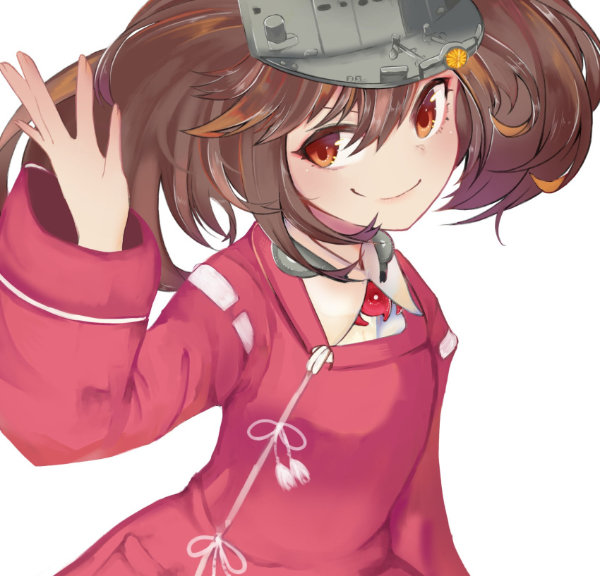 1girl brown_hair commentary_request highres japanese_clothes kantai_collection kariginu magatama manbou_sashimi orange_eyes ryuujou_(kantai_collection) smile solo twintails upper_body visor_cap white_background wide_sleeves