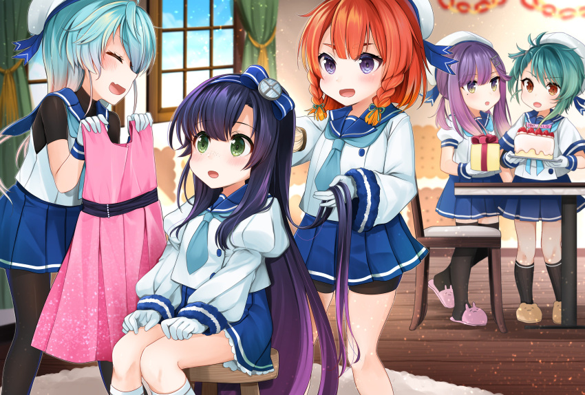 5girls absurdres bike_shorts birthday_cake black_hair black_legwear blonde_hair blue_eyes blue_hair blue_neckwear blue_ribbon blue_sailor_collar blue_skirt bob_cut braid brown_eyes cake closed_eyes etorofu_(kantai_collection) food fukae_(kantai_collection) gloves gradient_hair green_eyes hat highres holding_clothes kantai_collection kneehighs long_hair long_sleeves matsuwa_(kantai_collection) multicolored_hair multiple_girls neckerchief open_mouth pantyhose party pleated_skirt puffy_short_sleeves puffy_sleeves purple_hair redhead ribbon sado_(kantai_collection) sailor_collar sailor_hat school_uniform serafuku shirt short_hair short_sleeves shorts shorts_under_skirt side_braid sidelocks skirt sleeveless sleeveless_shirt slippers table thick_eyebrows thigh-highs tsushima_(kantai_collection) twin_braids violet_eyes white_gloves white_hat white_legwear yunamaro