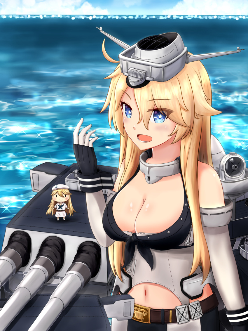 2girls belt_buckle blonde_hair blue_eyes breasts buckle cannon cleavage cowboy_shot elbow_gloves fairy_(kantai_collection) fingerless_gloves front-tie_top gloves highres iowa_(kantai_collection) kantai_collection kuneamorai large_breasts machinery multiple_girls navel ocean open_mouth smile star star-shaped_pupils symbol-shaped_pupils thigh-highs turret