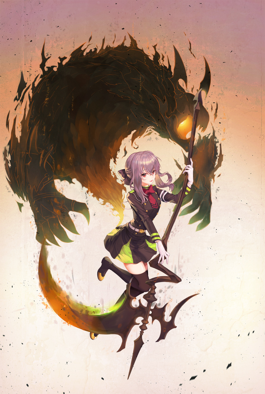 1girl :d absurdres belt black_bow black_footwear black_jacket black_legwear black_skirt boots bow bowtie braid crown_braid floating_hair full_body gloves hair_between_eyes hair_bow highres hiiragi_shinoa holding holding_scythe jacket knee_boots lavalliere leg_up long_hair long_sleeves military military_uniform miniskirt open_mouth owari_no_seraph pleated_skirt purple_hair red_bow red_eyes red_neckwear scythe shiny shiny_hair sidelocks skirt smile solo thigh-highs u_mai uniform white_gloves zettai_ryouiki