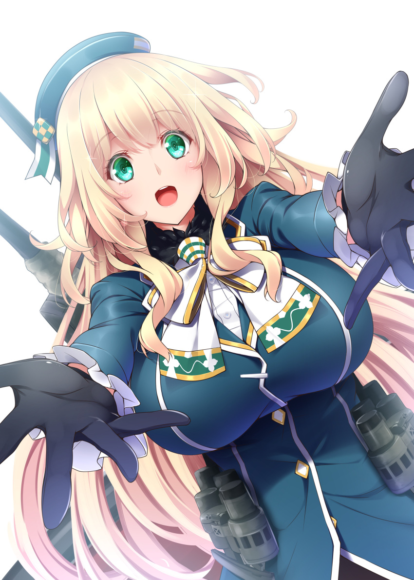 1girl :d absurdres atago_(kantai_collection) bangs beret black_fur black_gloves blazer blonde_hair blush breasts buttons eyebrows_visible_through_hair eyelashes foreshortening frilled_sleeves frills fur_collar gloves green_eyes green_hat green_jacket hair_between_eyes hair_spread_out hands_up hat highres jacket kantai_collection large_breasts long_hair long_sleeves looking_at_viewer midoriiro_no_shinzou military military_uniform neck_ribbon open_mouth outstretched_arm paid_reward patreon_reward pov reaching_out ribbon shirt simple_background smile solo turret uniform upper_body upper_teeth very_long_hair white_background white_neckwear white_ribbon white_shirt