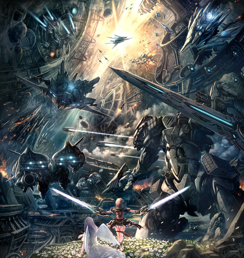 2girls aircraft airplane battle brown_hair burning cross-laced_clothes dress dual_wielding energy_sword fantasy fighter_jet flower flying frilled_skirt frills from_behind gatling_gun highres holding holding_sword holding_weapon jet long_hair mecha military military_vehicle missile multiple_girls on_ground original protecting purple_hair rocket scenery science_fiction short_hair skirt soraizumi space_craft standing sword weapon white_dress wings
