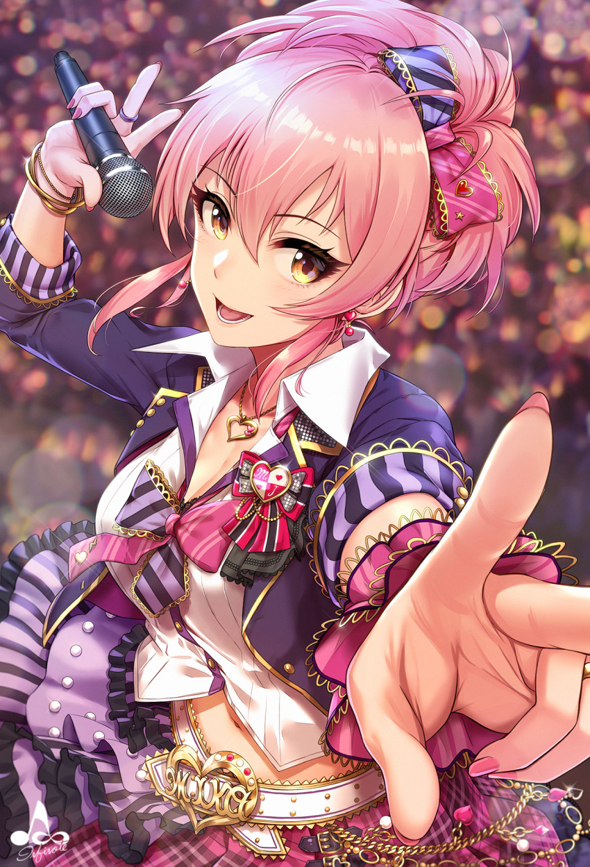 1girl artist_logo bangs belt belt_buckle blush bow bowtie bracelet breasts buckle buttons cleavage earrings eyelashes fingernails frilled_skirt frills hair_between_eyes hair_bow heart heart_earrings heart_necklace highres idolmaster idolmaster_cinderella_girls infinote jacket jewelry jougasaki_mika large_breasts lips long_sleeves looking_at_viewer microphone multicolored multicolored_bow multicolored_clothes multicolored_skirt nail_polish navel open_clothes open_jacket open_mouth pink_hair pink_nails pink_skirt plaid plaid_skirt ponytail purple_jacket purple_skirt ring scrunchie shirt sidelocks skirt smile striped striped_bow teeth white_shirt wing_collar wrist_scrunchie yellow_eyes