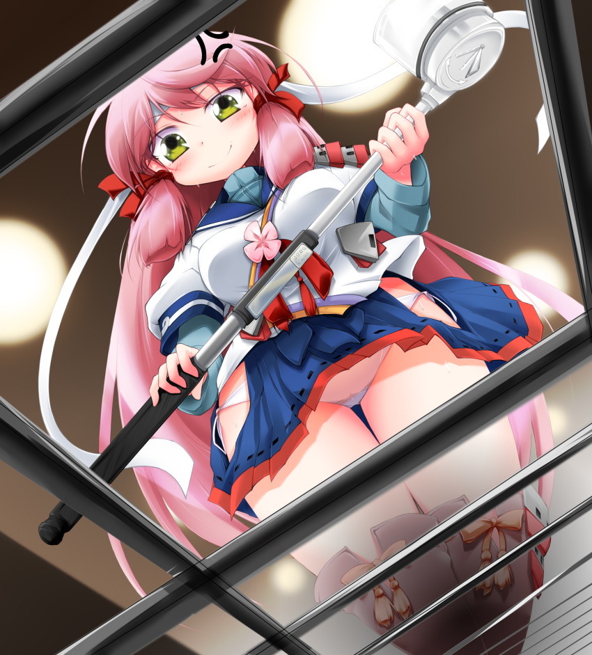 1girl akashi_(kantai_collection) anbee_(arary) anger_vein angry armor bandanna blue_skirt blush breasts from_below green_eyes hair_ribbon highres hip_vent kantai_collection long_hair long_sleeves looking_down panties pantyshot pink_hair pleated_skirt ribbon school_uniform serafuku skirt smile solo standing thigh-highs thighs tress_ribbon underwear upskirt