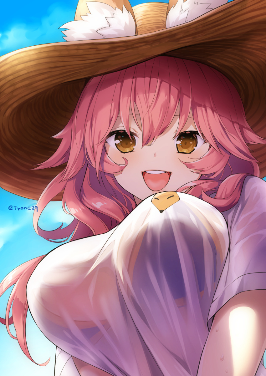 1girl :d animal_ear_fluff animal_ears bangs bikini bikini_under_clothes blue_bikini blue_bikini_top blue_sky breasts clouds day ears_through_headwear eyebrows_visible_through_hair fanbox_reward fate/extra fate/grand_order fate_(series) fox_ears from_below hair_between_eyes hat highres large_breasts long_hair looking_at_viewer looking_down open_mouth outdoors paid_reward pink_hair see-through shirt short_sleeves sidelocks sky smile solo straw_hat sun_hat sweat swimsuit tamamo_(fate)_(all) tamamo_no_mae_(swimsuit_lancer)_(fate) twitter_username tyone upper_body v_arms white_shirt yellow_eyes