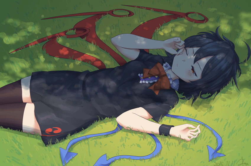 1girl ahoge asymmetrical_wings bangs black_dress black_hair black_legwear blue_wings blush bow bowtie breasts center_frills commentary_request cowboy_shot dress grass hands_up highres houjuu_nue kisamu_(ksmz) lying on_back one_eye_closed red_bow red_eyes red_neckwear red_wings shadow short_dress short_hair short_sleeves small_breasts solo thigh-highs thighs touhou wings wristband zettai_ryouiki