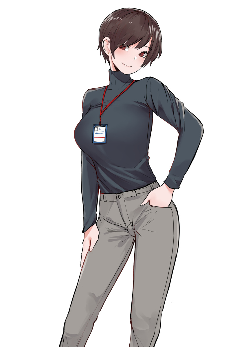 1girl arm_at_side breasts brown_eyes brown_hair earrings grey_pants hand_in_pocket highres id_card jewelry lanyard large_breasts looking_at_viewer norman_maggot office_lady ol-chan_(norman_maggot) pants short_hair simple_background smile solo standing stud_earrings turtleneck white_background