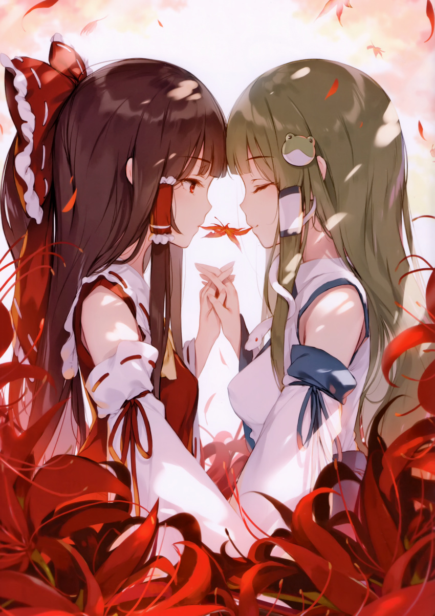 2girls absurdres autumn autumn_leaves bangs bare_shoulders bow brown_hair closed_eyes closed_mouth collared_shirt detached_sleeves frilled_bow frills frog_hair_ornament green_hair hair_bow hair_ornament hair_tubes hakurei_reimu half_updo hand_holding highres japanese_clothes ke-ta kochiya_sanae leaf long_hair looking_at_another maple_leaf miko multiple_girls nontraditional_miko red_bow red_eyes red_shirt ribbon-trimmed_sleeves ribbon_trim scan shirt sidelocks sleeveless sleeveless_shirt smile snake_hair_ornament touhou white_shirt wide_sleeves yellow_neckwear yuri