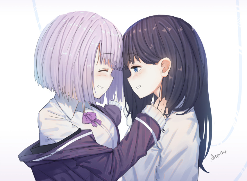 2girls ano54 bangs black_hair blue_eyes blush bow cardigan collared_shirt commentary_request eyebrows_visible_through_hair facing_away grin hand_up highres jacket long_hair long_sleeves looking_at_another multiple_girls off_shoulder pink_hair profile purple_bow purple_jacket shinjou_akane shirt short_hair signature sleeves_past_wrists smile ssss.gridman takarada_rikka upper_body white_background white_cardigan white_shirt