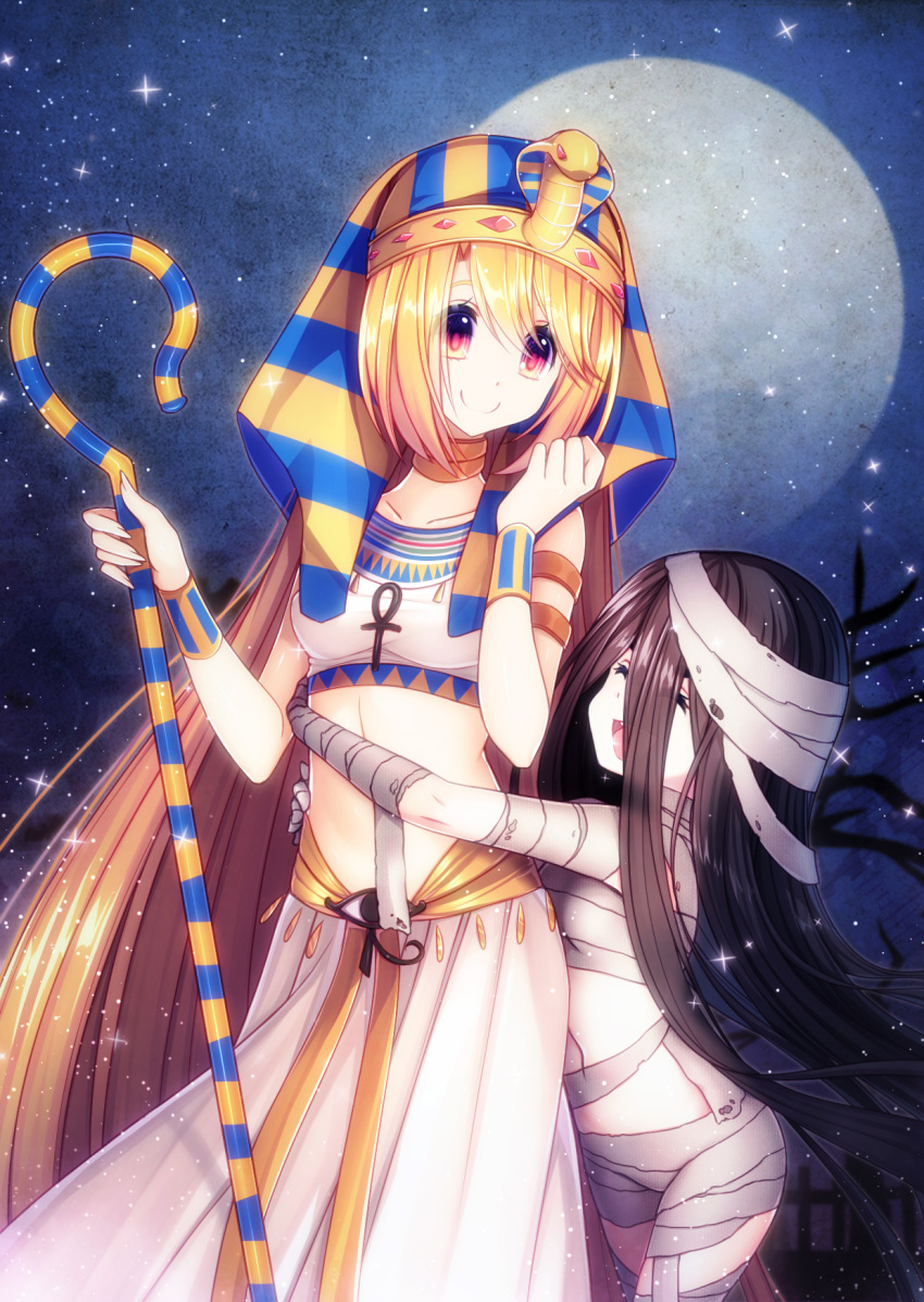 2girls :d ankh arms_around_waist bandage bandages black_hair blonde_hair bracelet choker closed_eyes egyptian_clothes gem gold hair_between_eyes halloween halloween_costume highres holding holding_staff hug jewelry long_hair looking_at_another midriff moon multiple_girls mummy_costume naked_bandage nemes open_mouth orange_hair original short_hair sky smile staff star_(sky) starry_sky very_long_hair yun_(outsidey)