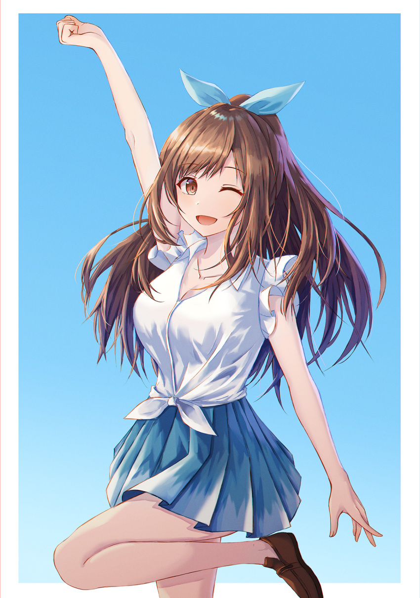 1girl ;d arm_up bangs blue_bow blue_skirt bow breasts brown_eyes brown_footwear brown_hair cleavage collarbone eyebrows_visible_through_hair floating_hair hair_bow high_ponytail highres idolmaster idolmaster_shiny_colors leg_up lkeris loafers long_hair medium_breasts miniskirt one_eye_closed open_mouth pleated_skirt shiny shiny_hair shirt shoes skirt sleeveless sleeveless_shirt smile solo standing standing_on_one_leg swept_bangs tied_shirt tsukioka_kogane very_long_hair white_shirt