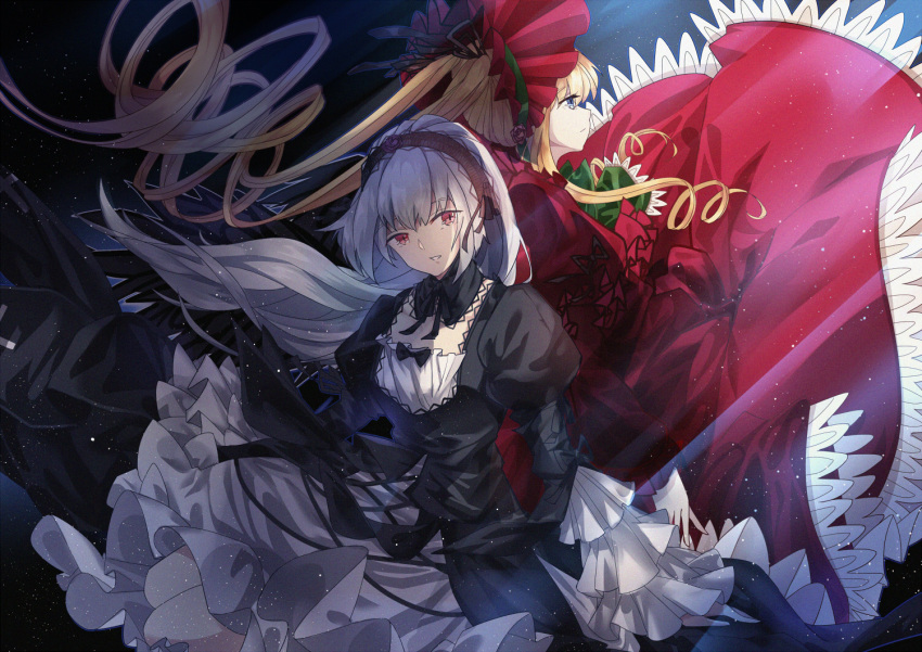 2girls absurdly_long_hair back-to-back black_wings blonde_hair bonnet dress long_hair long_sleeves multiple_girls parted_lips pink_eyes puffy_long_sleeves puffy_sleeves red_dress rozen_maiden shinku suigintou very_long_hair white_dress white_hair wings zhong_chai