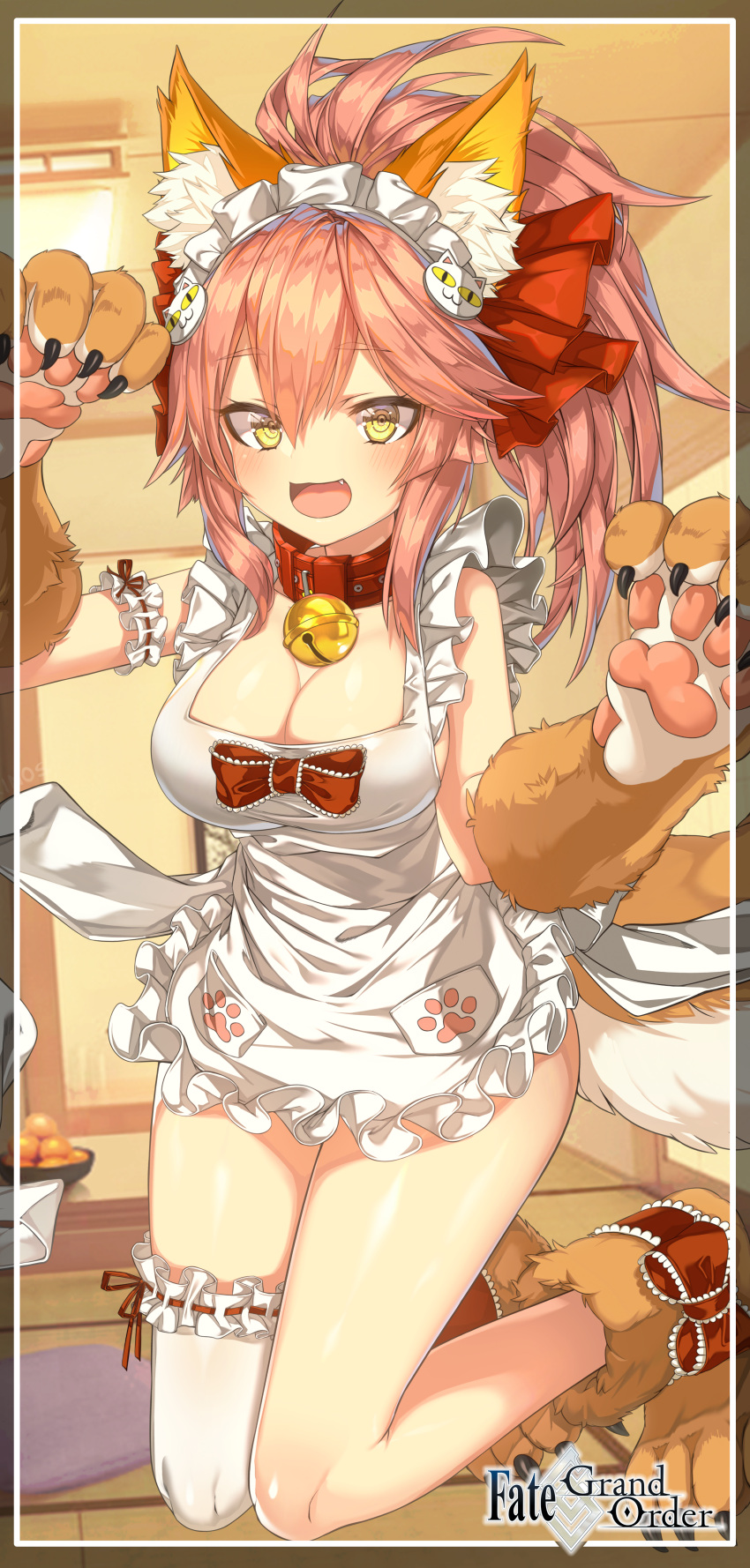 1girl absurdres animal_ear_fluff animal_ears apron bell bell_collar blush breasts cat_hair_ornament cat_paws cleavage collar fang fate/grand_order fate_(series) fox_ears fox_tail full_body gloves hair_ornament highres jingle_bell kw00789 large_breasts long_hair looking_at_viewer maid_headdress naked_apron open_mouth paw_gloves paw_pose paw_shoes paws pink_hair ponytail red_ribbon ribbon shoes solo tail tamamo_(fate)_(all) tamamo_cat_(fate) white_legwear