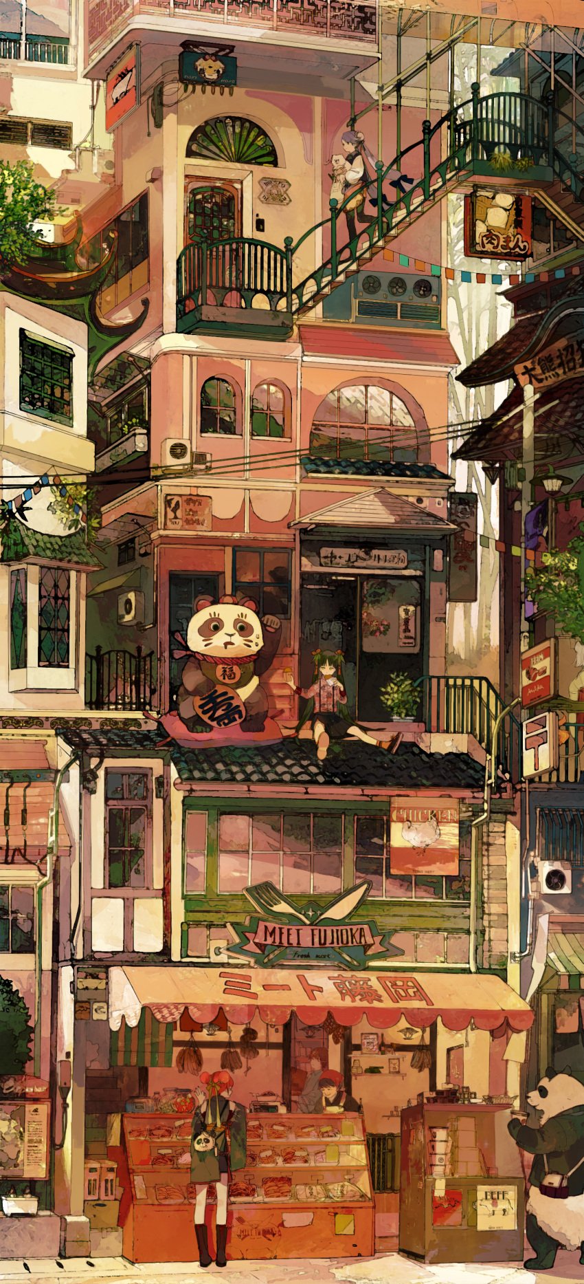 1boy 4girls absurdres air_conditioner architecture bag building bun_cover chinese_clothes dog double_bun east_asian_architecture food hair_bun highres kukka long_hair meat multiple_girls original panda power_lines rooftop sausage scenery shop sign stairs storefront tile_roof twintails typo window