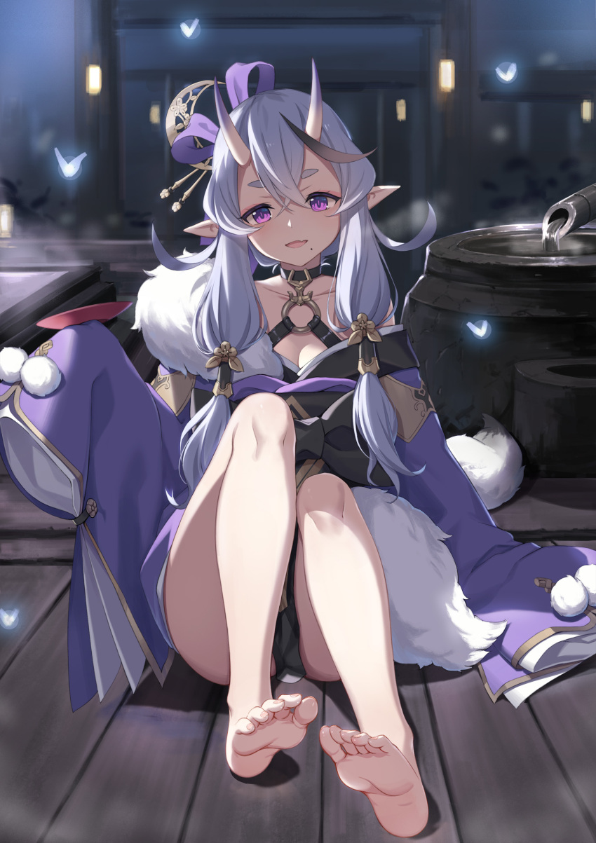1girl absurdres bare_legs bare_shoulders barefoot baseness black_choker breasts bug character_request choker cleavage cup feet full_body hair_ornament hair_ribbon hair_stick head_tilt highres horns insect japanese_clothes kimono knees_up lantern lavender_hair long_hair looking_at_viewer mole night nijisanji o-ring parted_lips pointy_ears purple_kimono purple_ribbon ribbon sakazuki short_eyebrows sidelocks sitting sleeves_past_fingers sleeves_past_wrists smile soles solo thick_eyebrows violet_eyes virtual_youtuber water wide_sleeves wooden_floor