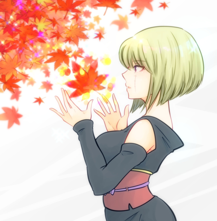 1girl absurdres black_kimono black_sleeves blonde_hair detached_sleeves from_side gintama highres japanese_clothes kimono leaf maple_leaf paleatus scar scar_across_eye short_hair simple_background sleeveless sleeveless_kimono solo tsukuyo_(gintama) violet_eyes white_background