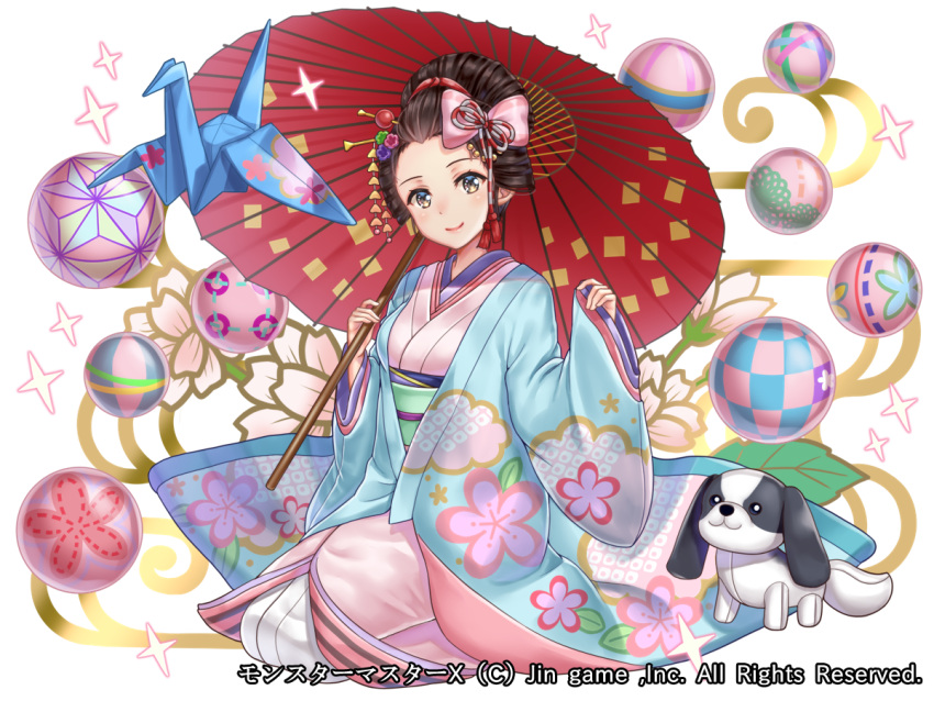 1girl blue_eyes blush character_request closed_mouth flower hakuda_tofu japanese_clothes kimono looking_at_viewer monster_master_x parasol sunflower umbrella