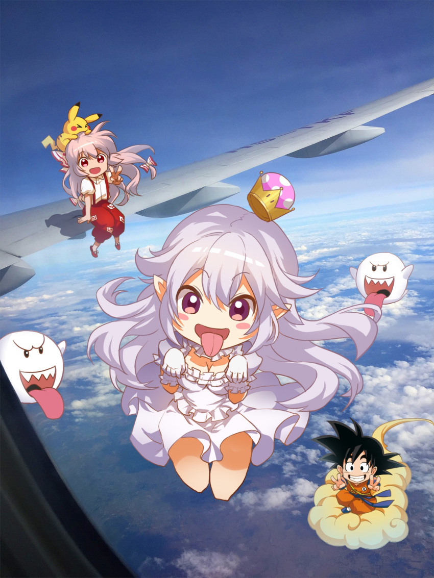 &gt;_&lt; 1boy 2girls :d above_clouds aircraft airplane arm_support bangs black_eyes black_hair blue_footwear blue_sash blue_sky blush_stickers boo bow chibi chinese_commentary clouds collar commentary_request creatures_(company) crossover crown day double_v dougi dragon_ball dress eyebrows_visible_through_hair frilled_collar frills fujiwara_no_mokou game_freak gen_1_pokemon ghost_pose gloves grin hair_between_eyes hair_bow hands_up highres long_hair looking_at_viewer luigi's_mansion super_mario_bros. mini_crown multiple_girls nintendo open_mouth outdoors pants pikachu pink_hair pointy_ears pokemon pokemon_(creature) pokemon_on_head princess_king_boo puffy_short_sleeves puffy_sleeves red_footwear red_pants redhead sash shadow shangguan_feiying sharp_teeth shirt shoes short_sleeves silver_hair sitting sky smile son_gokuu super_crown suspenders teeth tongue tongue_out touhou v very_long_hair violet_eyes white_bow white_collar white_dress white_gloves white_shirt