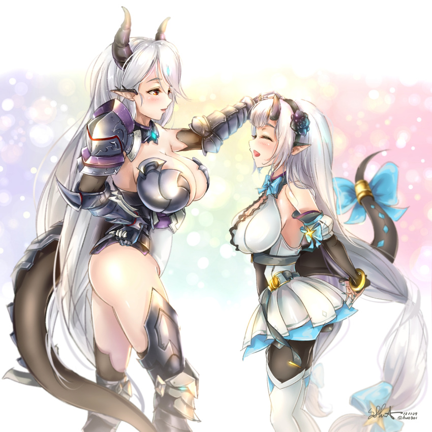 2girls :d armor bare_shoulders black_hairband blue_bow blush bow breasts brown_eyes cleavage collar dated dragon_girl dragon_horns dragon_tail epic7 eye_contact flower forehead_jewel gauntlets hair_flower hair_ornament hairband hand_on_hip highres horns hue301 large_breasts long_hair looking_at_another luna_(epic7) multiple_girls open_mouth petting pointy_ears skirt smile standing tail tail_bow thigh-highs twitter_username very_long_hair white_hair white_skirt yufine_(epic7)