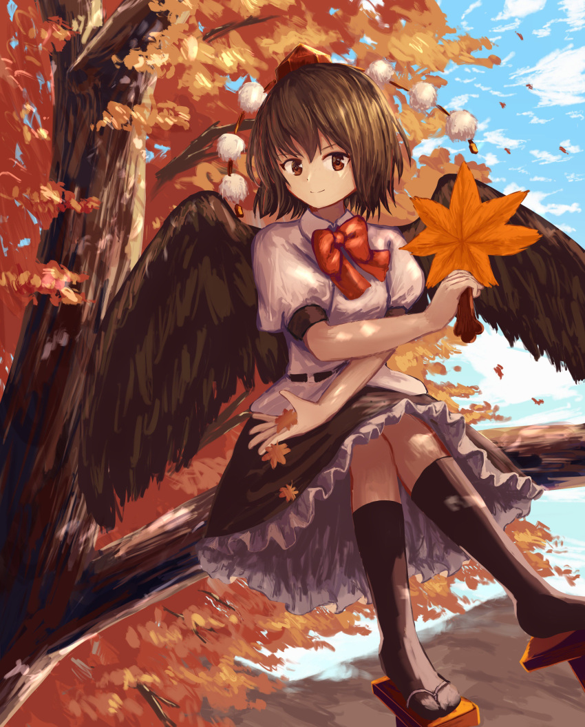 1girl absurdres black_hair black_skirt black_wings commentary_request fan frilled_skirt frills geta hat highres holding in_tree leaf looking_at_viewer maple_leaf necktie ookashippo paper_fan pom_pom_(clothes) red_neckwear shameimaru_aya shirt short_hair short_sleeves sitting sitting_in_tree skirt smile solo tengu-geta thigh-highs tokin_hat touhou tree uchiwa white_shirt wings