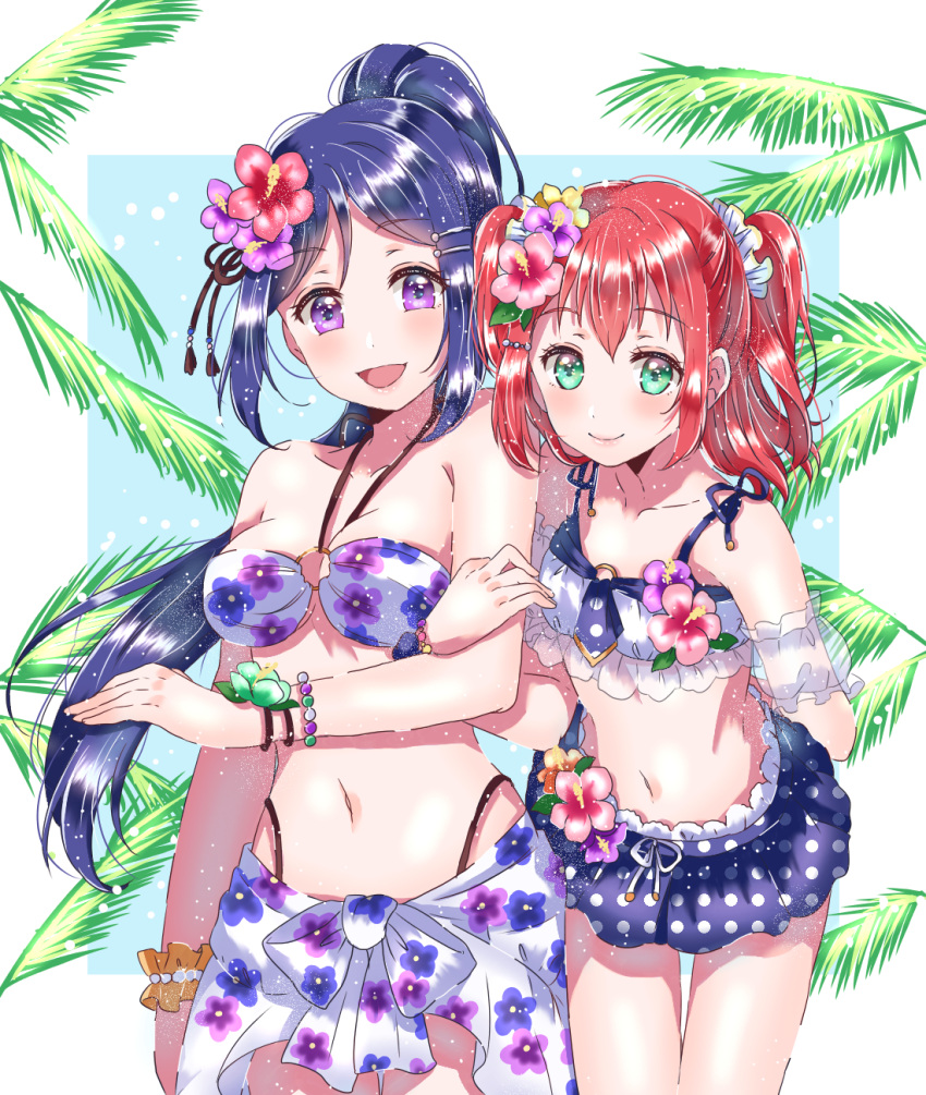 2girls :d arm_grab bangs bikini bikini_skirt blue_hair blush bracelet breasts cleavage corsage detached_sleeves flat_chest floral_print flower green_flower hair_flower hair_ornament hairpin halterneck highres jewelry kaisou_(0731waka) kurosawa_ruby long_hair looking_at_viewer love_live! love_live!_sunshine!! matsuura_kanan medium_breasts multiple_girls navel o-ring o-ring_bikini open_mouth orange_scrunchie palm_leaf pink_flower polka_dot ponytail print_bikini purple_flower red_flower redhead scrunchie see-through_sleeves sidelocks smile stomach swimsuit two_side_up wrist_flower wrist_scrunchie yellow_flower